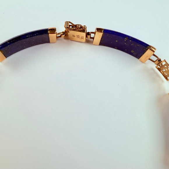 14K Solid Yellow Gold Vintage Chinese Character Rich Lapis Lazuli Panel Bracelet - Picture 3 of 14